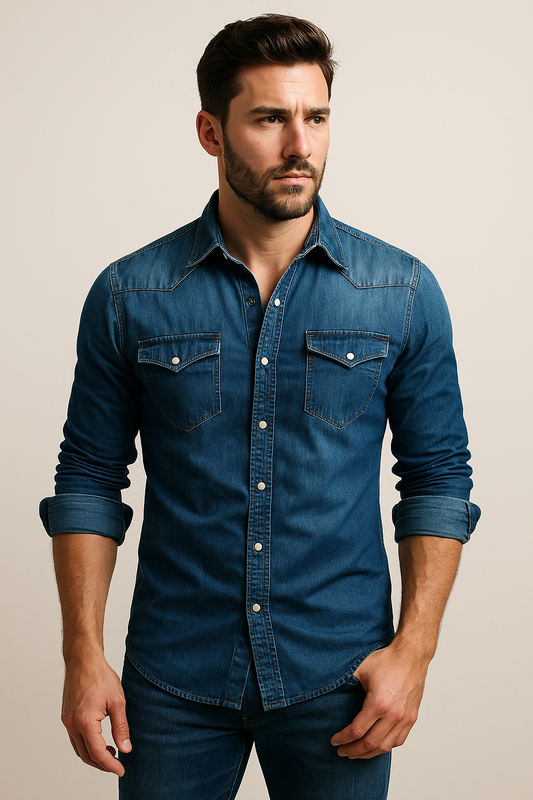 Shirt Men - Denim Rugged Casual Shirt with Long Sleeves