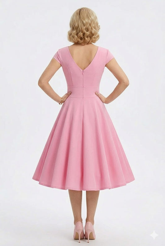 Dress Women - Midi A-Line Vintage Dress with V-Neckline