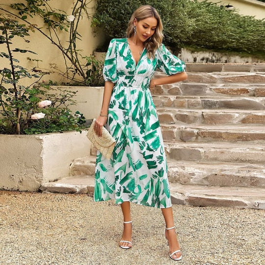 Bathilde | Bedrucktes V-Ausschnitt-Kleid für Damen