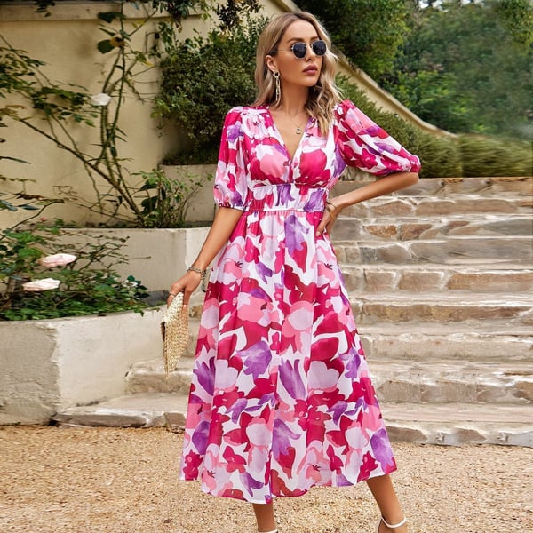 Bathilde | Bedrucktes V-Ausschnitt-Kleid für Damen