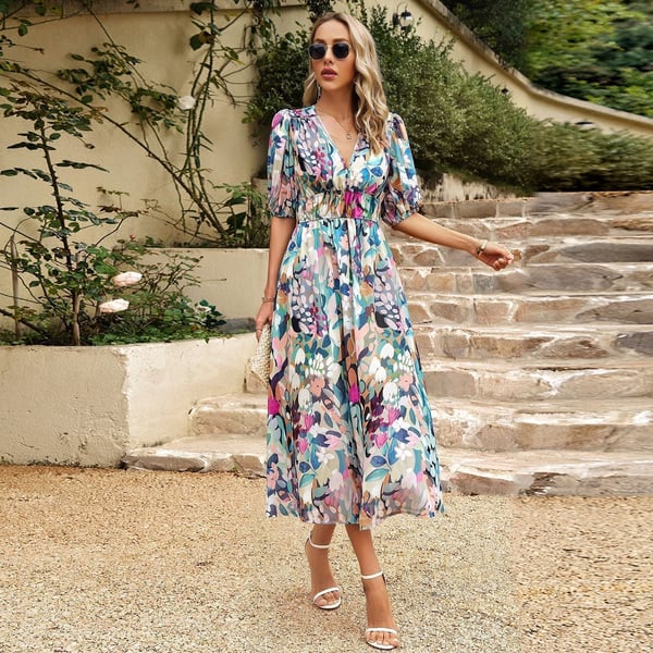 Bathilde | Bedrucktes V-Ausschnitt-Kleid für Damen