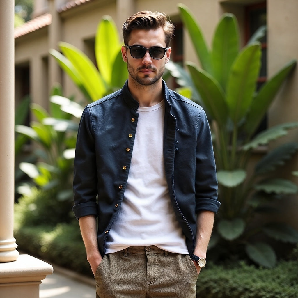 Shirt Men - Stand Casual Shirt with Collar