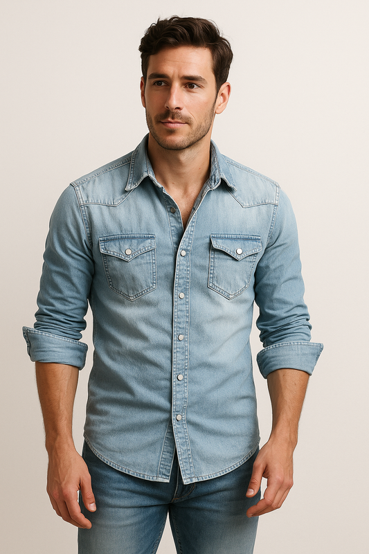 Shirt Men - Denim Rugged Casual Shirt with Long Sleeves