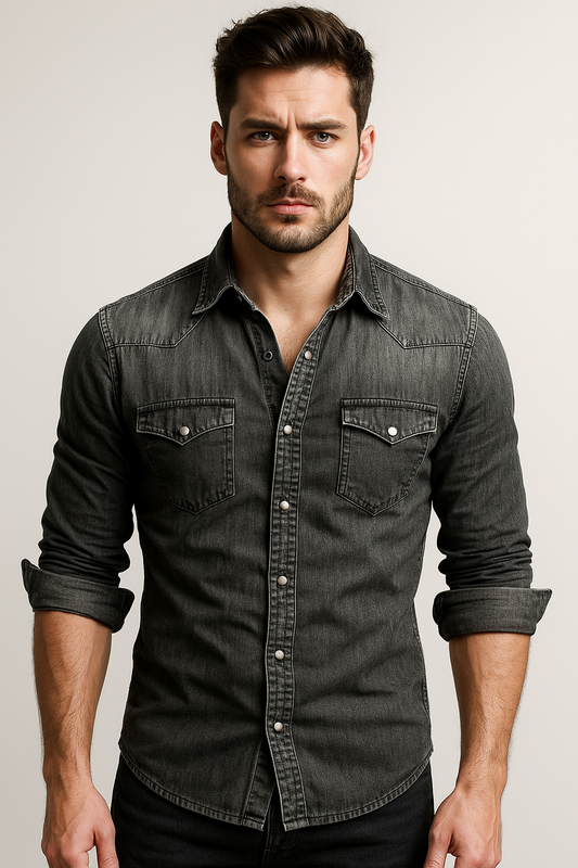 Shirt Men - Denim Rugged Casual Shirt with Long Sleeves