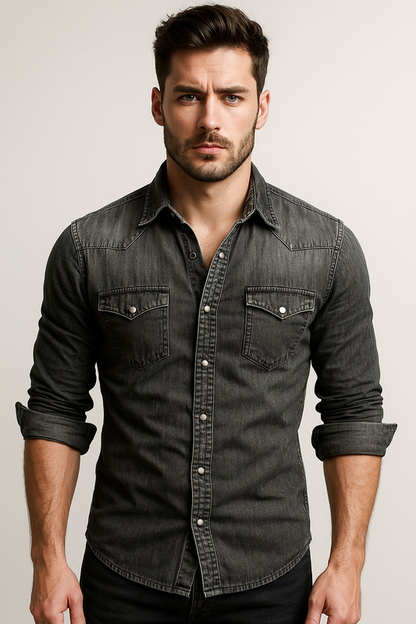 Shirt Men - Denim Rugged Casual Shirt with Long Sleeves
