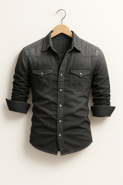 Shirt Men - Denim Rugged Casual Shirt with Long Sleeves