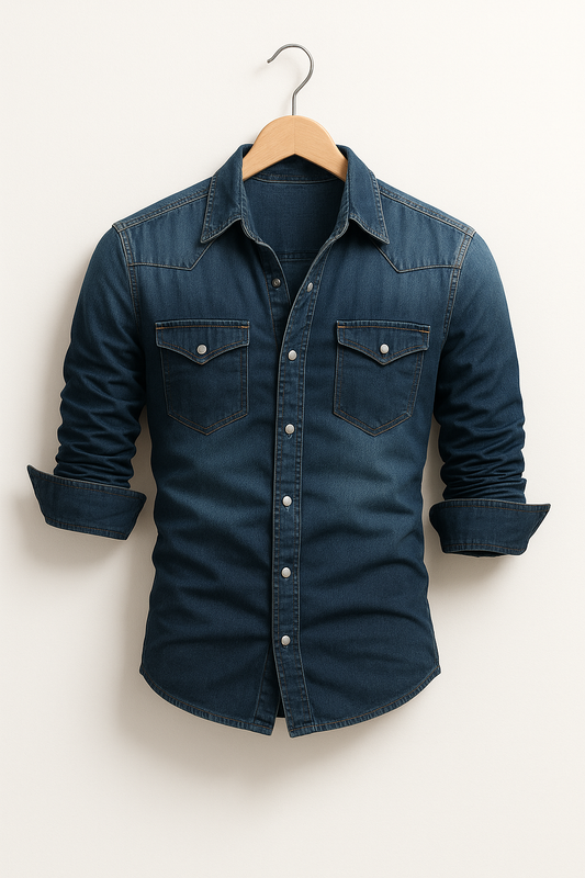 Shirt Men - Denim Rugged Casual Shirt with Long Sleeves
