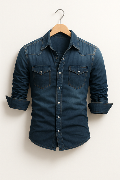 Shirt Men - Denim Rugged Casual Shirt with Long Sleeves