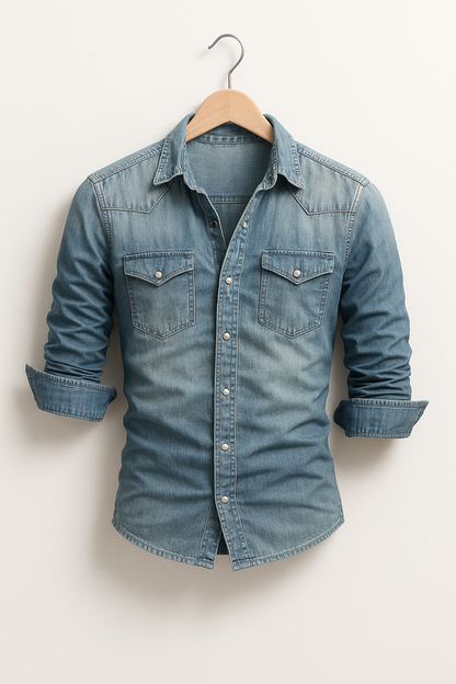 Shirt Men - Denim Rugged Casual Shirt with Long Sleeves