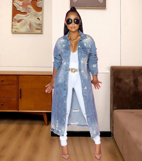 Lange Jeansjacke Denim für Damen mit Klassischem Stil