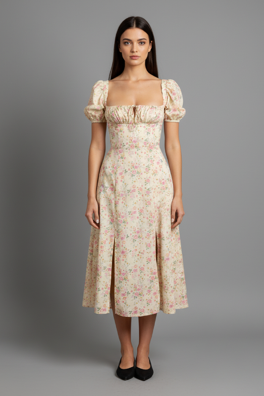 Lina Damen Midi Kleid – Romantische Puffärmel für Eleganz im Sommer 1
