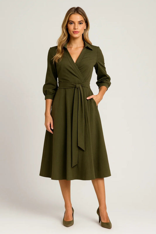 Lumi Damen Midikleid – Wickelstil mit Gürtel für Elegante Anlässe 0