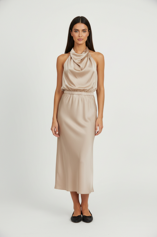 Luna Damen Satin-Midikleid – Asymmetrischer Ausschnitt für Festliche Anlässe 0
