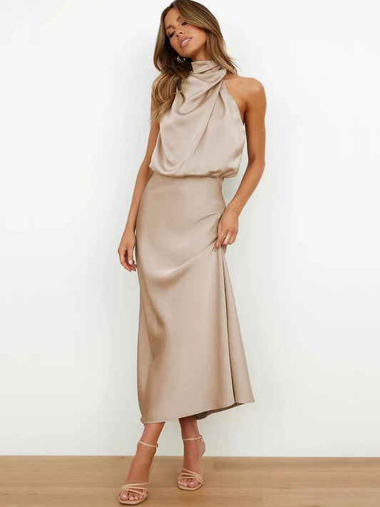 Luna Damen Satin-Midikleid – Asymmetrischer Ausschnitt für Festliche Anlässe 1