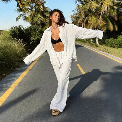 Luxe Women's Two Piece Pants Set – Cozy Lapel Shirt and Elastic Waist Trousers for Effortless Style 1