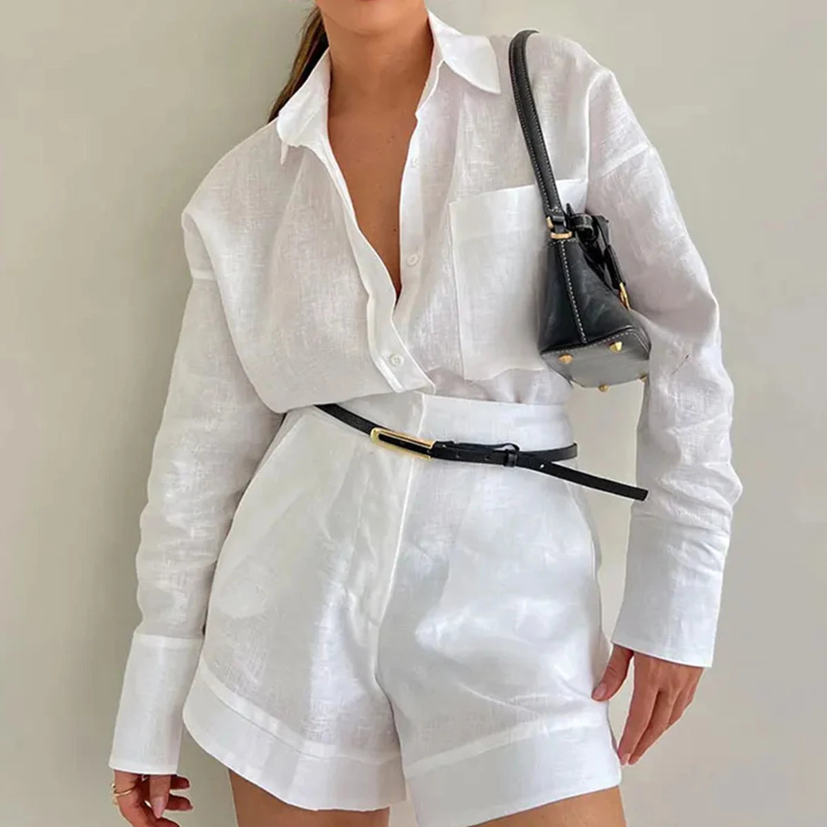 Luxe Women's Two Piece Pants Set – Cozy Lapel Shirt and Elastic Waist Trousers for Effortless Style 10
