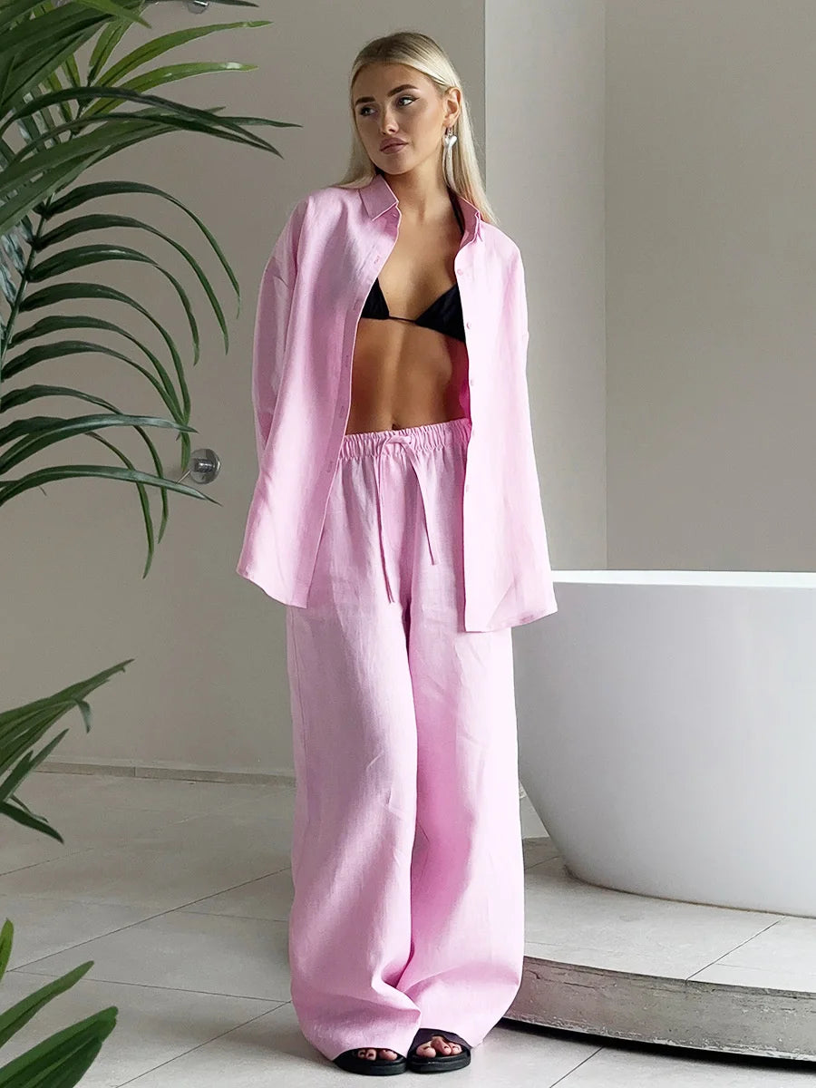 Luxe Women's Two Piece Pants Set – Cozy Lapel Shirt and Elastic Waist Trousers for Effortless Style 12