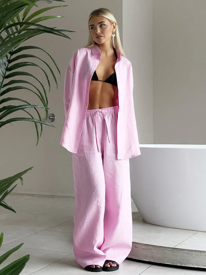 Luxe Women's Two Piece Pants Set – Cozy Lapel Shirt and Elastic Waist Trousers for Effortless Style 12