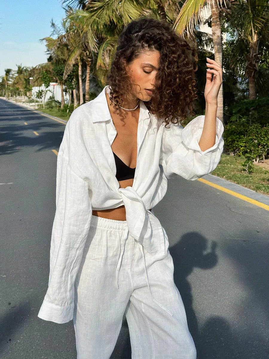 Luxe Women's Two Piece Pants Set – Cozy Lapel Shirt and Elastic Waist Trousers for Effortless Style 2