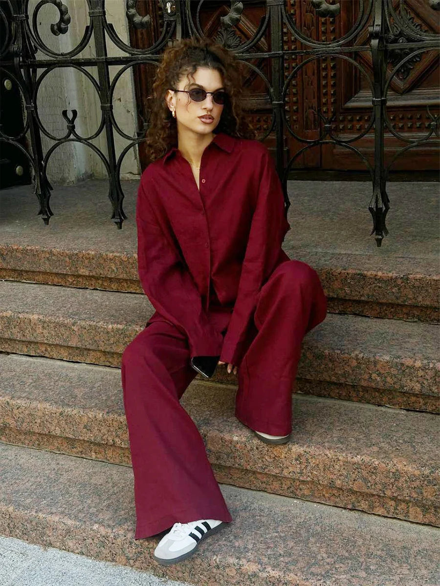 Luxe Women's Two Piece Pants Set – Cozy Lapel Shirt and Elastic Waist Trousers for Effortless Style 3