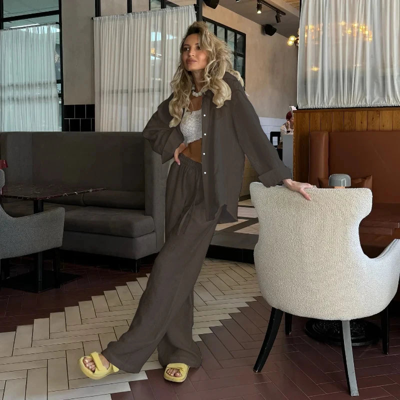 Luxe Women's Two Piece Pants Set – Cozy Lapel Shirt and Elastic Waist Trousers for Effortless Style 5