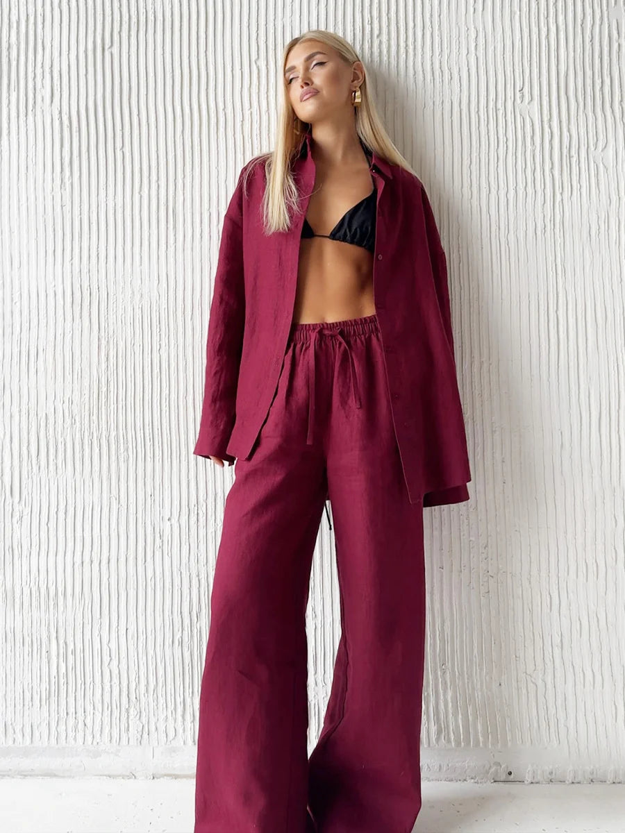 Luxe Women's Two Piece Pants Set – Cozy Lapel Shirt and Elastic Waist Trousers for Effortless Style 6
