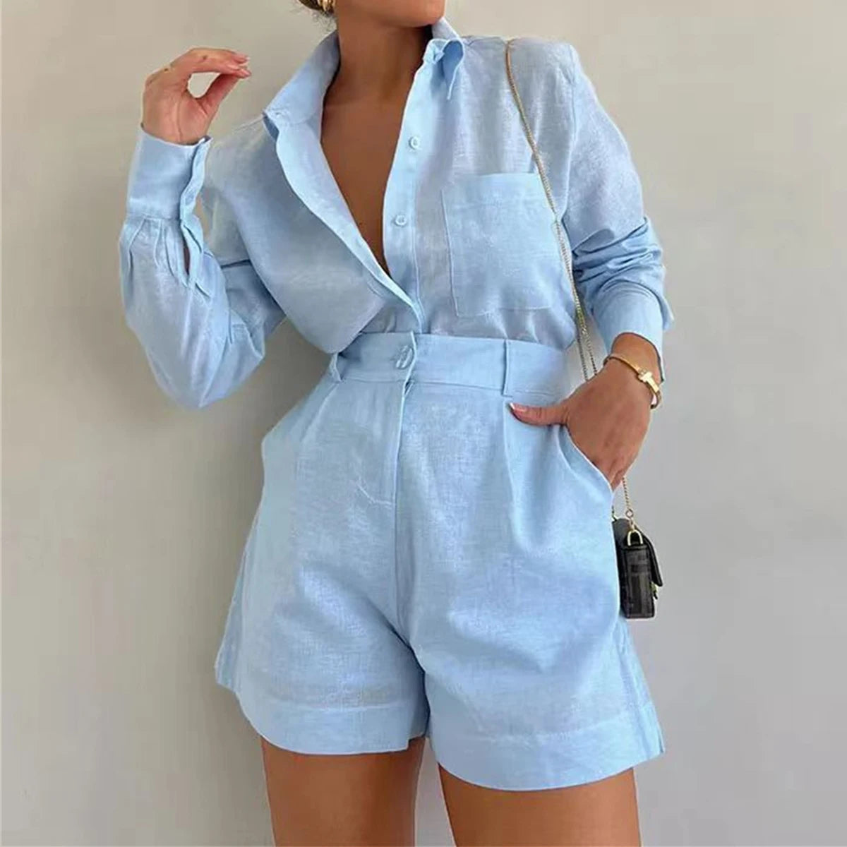 Luxe Women's Two Piece Pants Set – Cozy Lapel Shirt and Elastic Waist Trousers for Effortless Style 8