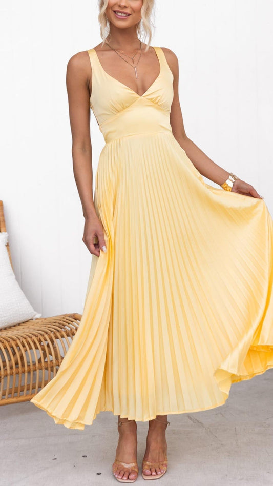 Nara Women's Pleated Maxi Dress – Flattering V-Neck for Summer Events 0