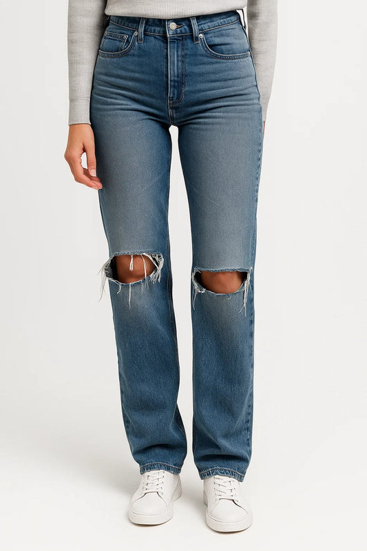 Zara Women's High-Waisted Jeans – Trendy Distressed Denim Style 1