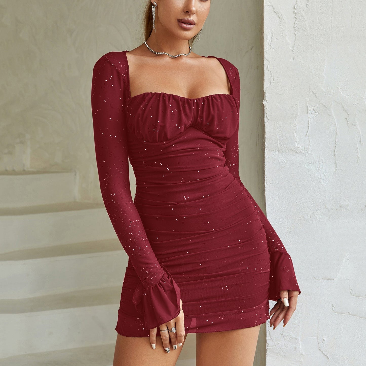 Zara Women's Sheer Mesh Ruched Mini Dress – Elegant Off Shoulder Fit for Glamorous Nights 0