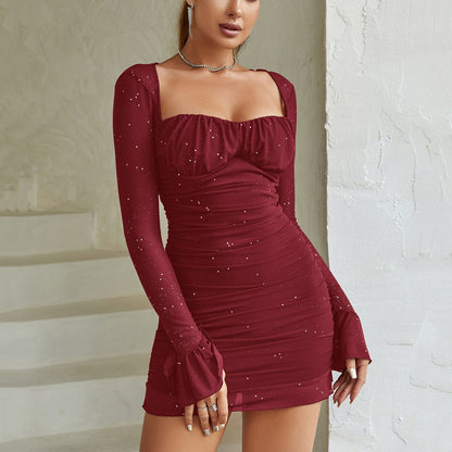 Zara Women's Sheer Mesh Ruched Mini Dress – Elegant Off Shoulder Fit for Glamorous Nights 0