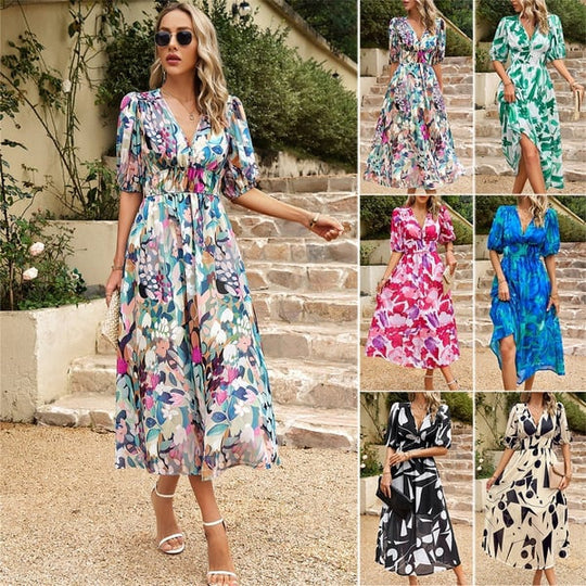 Bathilde | Bedrucktes V-Ausschnitt-Kleid für Damen