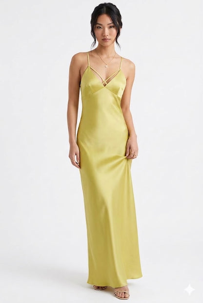 Dress Women - Satin Maxi Evening Dress with V-Neckline and Backless Design