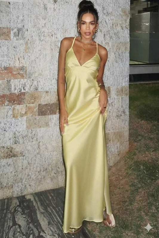 Dress Women - Satin Maxi Evening Dress with V-Neckline and Backless Design