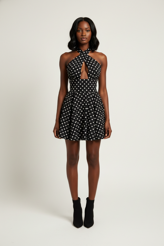 Mini Dress Women - Polka Dot Bodycon Dress with Halter Neckline and Cut-Out Detail