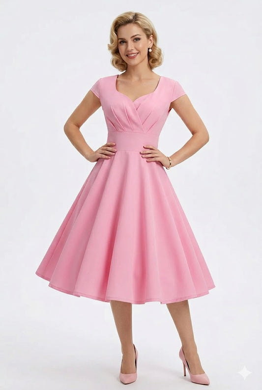 Dress Women - Midi A-Line Vintage Dress with V-Neckline
