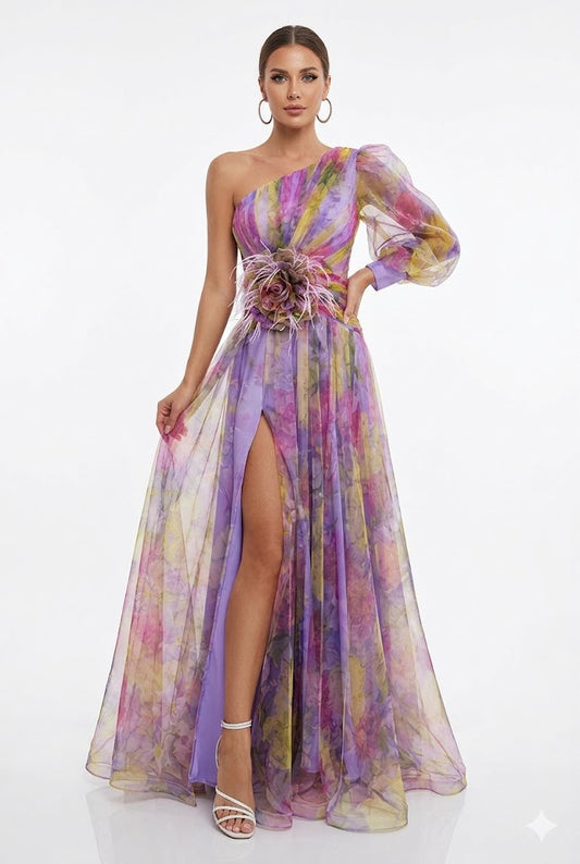 Maxi Dress Women - Floral Print Dress with One-Shoulder Neckline