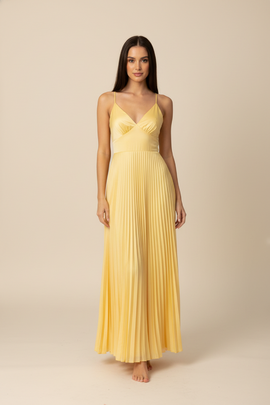Maxi Dress Women - Pleated Flowing Summer Dress with V-Neckline